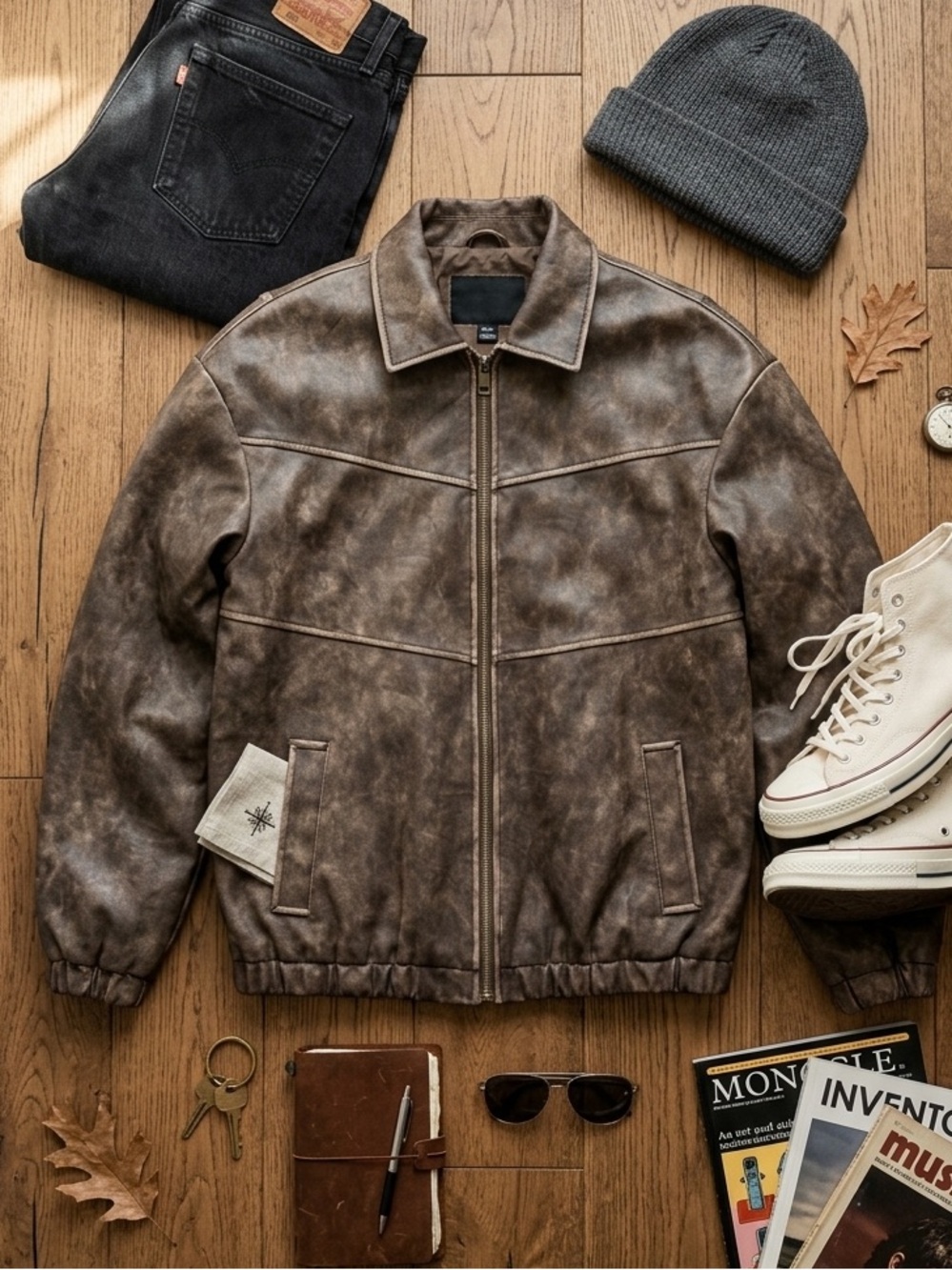 VTG 90s Distressed Faux Leather Bomber Oversized Brown M Grunge Streetwear